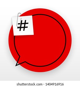 Innovative template against the White backdrop. Red flat paper Creative banner illustration with hashtag in a frame with clip. Red Color paper template modern typography hashtag design with clip