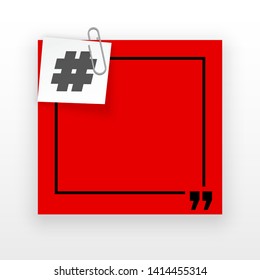 Innovative template against the White backdrop. Red flat paper Creative banner illustration with hashtag in a frame with clip. Red Color paper template modern typography hashtag design with clip