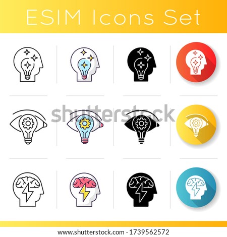 Innovative thinking icons set. Fresh vision for business mission. Insight and inspiration. Brainstorming for smart solution. Linear, black and RGB color styles. Isolated vector illustrations