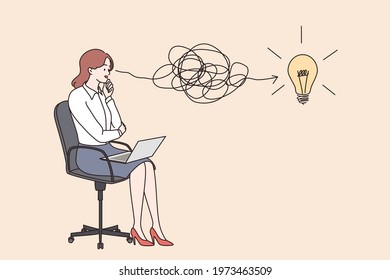 Innovative thinking, New idea, money earning concept. Young smiling business woman cartoon character sitting at laptop thinking of money profit and development in ideas vector illustration 