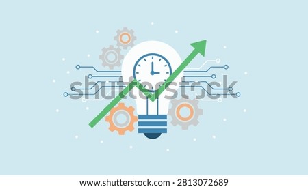 Innovative time management concept showing a clock inside a light bulb with growth arrow and mechanical gears.