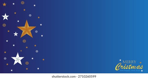 Innovadoras Navidades de Vector y tarjeta de felicitación del año Nuevo con bordes decorativos hechos de estrellas doradas y blancas sobre fondo azul.