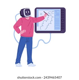 Innovative vector illustration of an AI character engaging in creative design work on a digital tablet, highlighting the blend of technology and art.