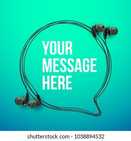 Innovative vector music quotation template in headphones quotes on the Blue backdrop. Creative vector banner illustration with quote in a frame with Black quotes. Template modern headset design.