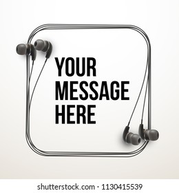 Innovative vector music quotation template in headphones quotes on the White backdrop. Creative vector banner illustration with quote in a frame with Black quotes. Template modern headset design.