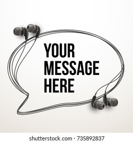 Innovative vector music quotation template in headphones quotes on the White backdrop. Creative vector banner illustration with quote in a frame with Black quotes. Template modern headset design.