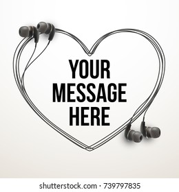 Innovative vector music quotation template in headphones quotes on the White backdrop. Creative vector banner illustration with quote in a frame with Black quotes. Template modern headset design.
