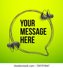 Innovative vector music quotation template in headphones quotes on the Green backdrop. Creative vector banner illustration with quote in a frame with Black quotes. Template modern headset design.