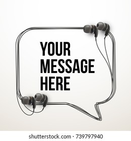 Innovative vector music quotation template in headphones quotes on the White backdrop. Creative vector banner illustration with quote in a frame with Black quotes. Template modern headset design.