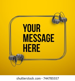 Innovative vector music quotation template in headphones quotes on the Yellow backdrop. Creative vector banner illustration with quote in a frame with Black quotes. Template modern headset design.