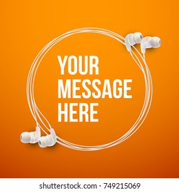 Innovative vector music quotation template in headphones quotes on the Orange backdrop. Creative vector banner illustration with quote in a frame with White quotes. Template modern headset design.
