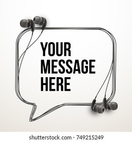 Innovative vector music quotation template in headphones quotes on the White backdrop. Creative vector banner illustration with quote in a frame with Black quotes. Template modern headset design.