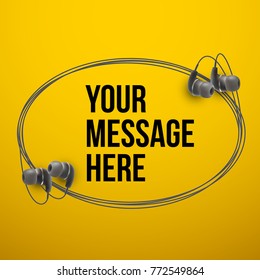 Innovative vector music quotation template in headphones quotes on the Yellow backdrop. Creative vector banner illustration with quote in a frame with Black quotes. Template modern headset design.