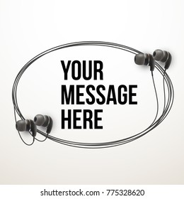 Innovative vector music quotation template in headphones quotes on the White backdrop. Creative vector banner illustration with quote in a frame with Black quotes. Template modern headset design.