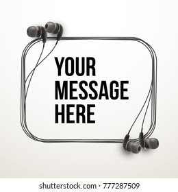Innovative vector music quotation template in headphones quotes on the White backdrop. Creative vector banner illustration with quote in a frame with Black quotes. Template modern headset design.