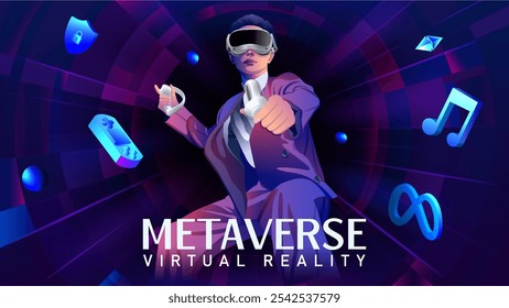 Innovative VR Experience 3D Virtual World Artwork for Gaming, Technology, and Metaverse-Vector illustration