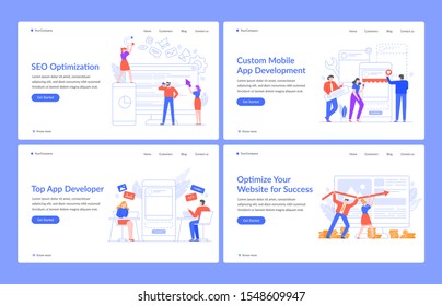 Innovative web concepts. Website solutions, SEO and mobile apps with modern people vector illustration landing page template. Search engine optimization. UI, UX usability homepage layout