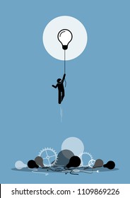 Innovator created a new working idea that is functioning. Flying up to the sky on a light bulb. Vector artwork depicts the concept of novelty, breakthrough, and inspiration. 