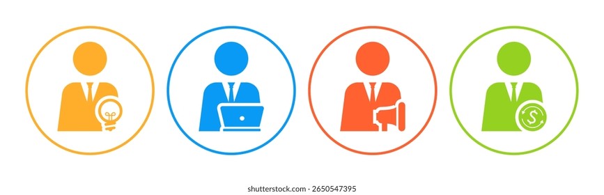 Innovator, Operator, Marketer, Financier Icon Set Illustrationsvektor. Innenkreis