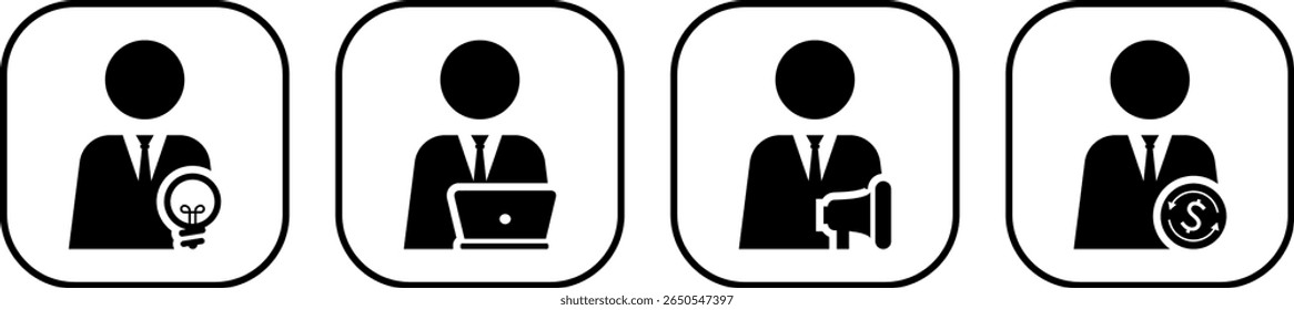 Innovador, operador, comercializador, conjunto de iconos financieros Vector de ilustración. Cuadrado interior