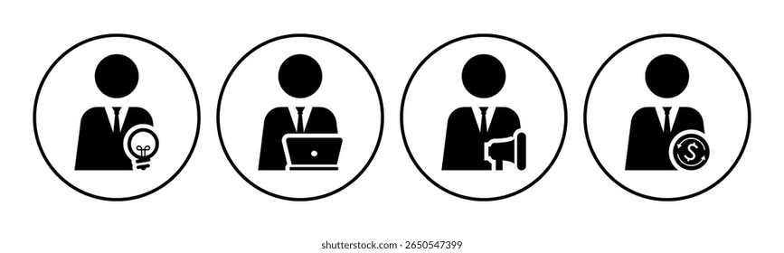 Innovador, operador, comercializador, conjunto de iconos financieros Vector de ilustración. Círculo interior