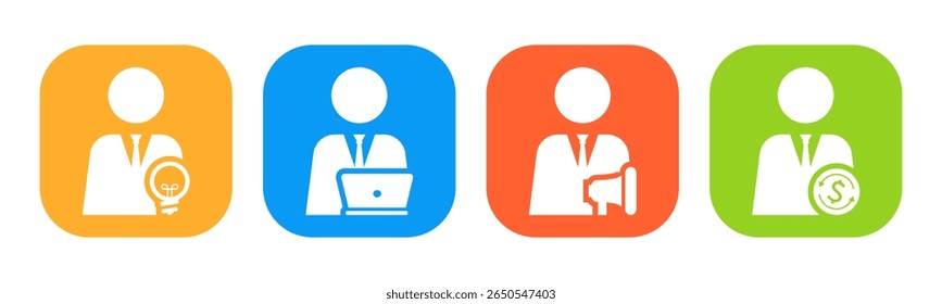 Innovador, operador, comercializador, conjunto de iconos financieros Vector de ilustración. Cuadrado interior
