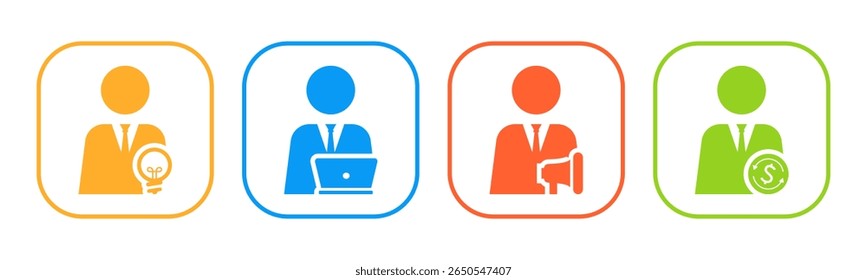 Inovador, Operador, Comerciante, ícone do Financier definir vetor de ilustração. Quadrado Interno