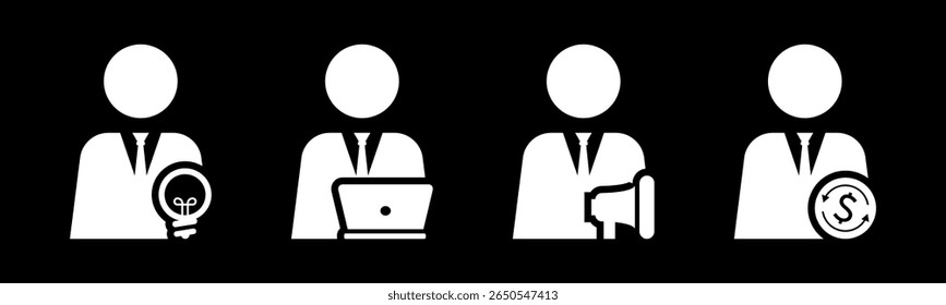 Innovador, operador, comercializador, conjunto de iconos financieros Vector de ilustración.