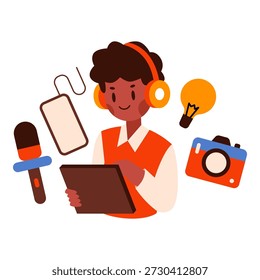 Innovator work on project surrounded by gadget illustration is suitable for Black History Month.