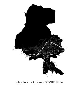 Innsbruck, Austria, high resolution vector map with city boundaries, and editable paths. The city map was drawn with white areas and lines for main roads, side roads and watercourses on a black.