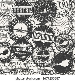 Innsbruck, Austria Stamps Background. A City Stamp Vector Art. Set of Postal Passport Travel. Design Set Pattern.