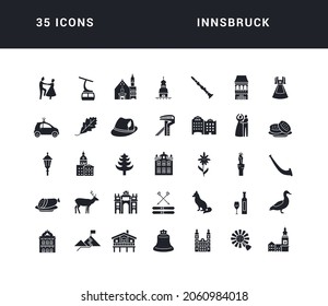 Innsbruck. Collection of perfectly simple monochrome icons for web design, app, and the most modern projects. Universal pack of classical signs for category Cities and Countries.