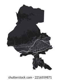 Innsbruck vector map. Detailed vector map of Innsbruck city administrative area. Cityscape poster metropolitan aria view. Black land with white buildings, water, forest. White background.