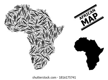 Inoculation mosaic and solid map of Africa. Vector map of Africa is constructed with vaccine symbols and human figures. Collage is useful for pandemic ads. Final solution over virus outbreak.
