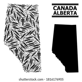 Inoculation mosaic and solid map of Alberta Province. Vector map of Alberta Province is created from syringes and human figures. Collage is useful for health care aims. Final solution over asian flu.