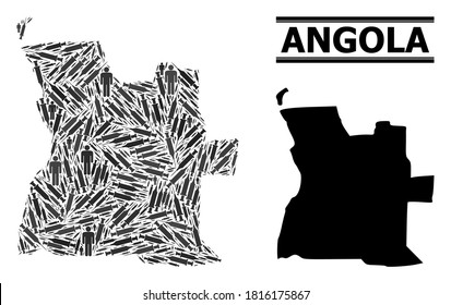 Inoculation mosaic and solid map of Angola. Vector map of Angola is shaped with inoculation icons and men figures. Collage is useful for political posters. Final win over asian flu.