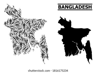 Inoculation mosaic and solid map of Bangladesh. Vector map of Bangladesh is done from inoculation icons and men figures. Collage is useful for treatment templates. Final solution over coronavirus.