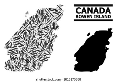 Inoculation mosaic and solid map of Bowen Island. Vector map of Bowen Island is composed with inoculation icons and men figures. Illustration is useful for isolation posters. Final win over asian flu.