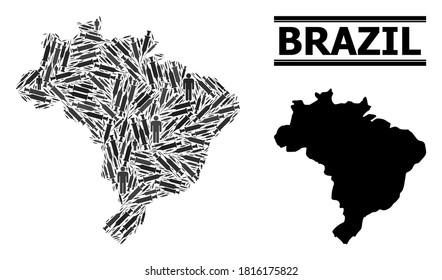 Inoculation mosaic and solid map of Brazil. Vector map of Brazil is formed with vaccine symbols and people figures. Illustration is useful for epidemic purposes. Final solution over Covid-2019.