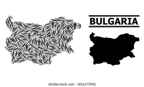 Inoculation mosaic and solid map of Bulgaria. Vector map of Bulgaria is constructed from syringes and human figures. Collage is useful for medicine alerts. Final win over Covid-2019.