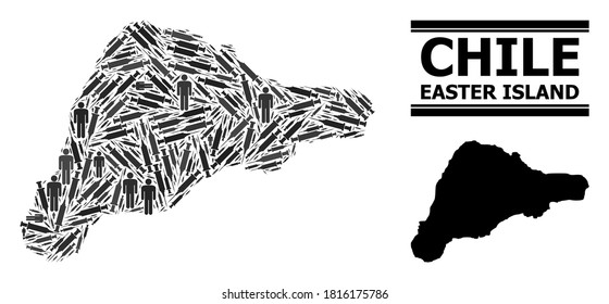 Inoculation mosaic and solid map of Easter Island. Vector map of Easter Island is made of inoculation icons and people figures. Template is useful for isolation aims. Final win over asian flu.