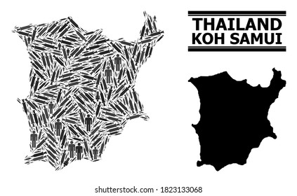 Inoculation mosaic and solid map of Koh Samui. Vector map of Koh Samui is organized from injection needles and people figures. Collage is useful for outbreak posters.