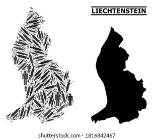 Inoculation mosaic and solid map of Liechtenstein. Vector map of Liechtenstein is created of inoculation icons and men figures. Template is useful for outbreak aims.