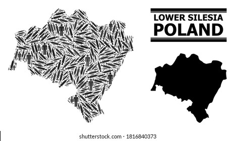 Inoculation mosaic and solid map of Lower Silesia Province. Vector map of Lower Silesia Province is shaped from inoculation icons and human figures. Illustration is useful for safety aims.