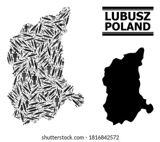 Inoculation mosaic and solid map of Lubusz Province. Vector map of Lubusz Province is made from inoculation icons and men figures. Template is useful for health care aims. Final win over coronavirus.