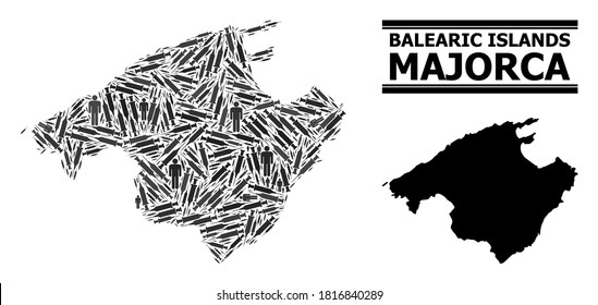 Inoculation mosaic and solid map of Majorca. Vector map of Majorca is done with inoculation icons and human figures. Collage is useful for outbreak posters. Final solution over virus outbreak.