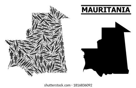 Inoculation mosaic and solid map of Mauritania. Vector map of Mauritania is organized of inoculation icons and human figures. Collage is useful for pandemic purposes. Final solution over coronavirus.