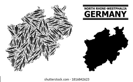 Inoculation mosaic and solid map of North Rhine-Westphalia State. Vector map of North Rhine-Westphalia State is formed from inoculation icons and human figures. Collage is useful for medical aims.