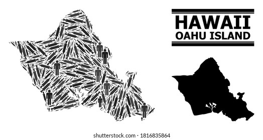 Inoculation mosaic and solid map of Oahu Island. Vector map of Oahu Island is designed from vaccine symbols and men figures. Abstraction designed for medical templates. Final solution over asian flu.