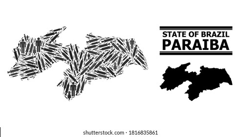 Inoculation mosaic and solid map of Paraiba State. Vector map of Paraiba State is made with syringes and human figures. Collage is useful for political purposes. Final win over Covid-2019.